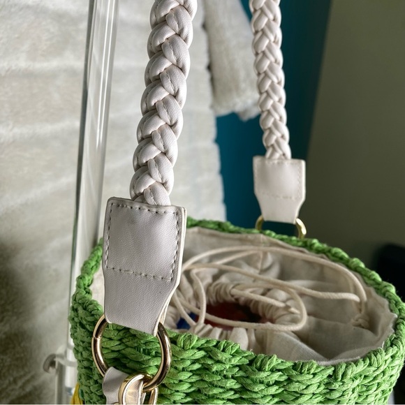 Anthropologie Raffia Green Woven Bucket Bag with Lemon Fruit Embroidery - Picture 4 of 16